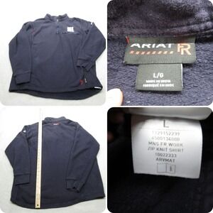 Ariat FR Work Shirt Mens Large Blue Cotton 1/4 Zip Knit Pullover Long Sleeve